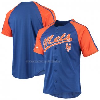 Maglia Baseball Uomo New York Mets Button Down Raglan Replica Blu