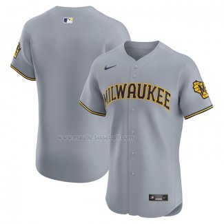 Maglia Baseball Uomo Milwaukee Brewers Road Vapor Premier Elite Patch Grigio